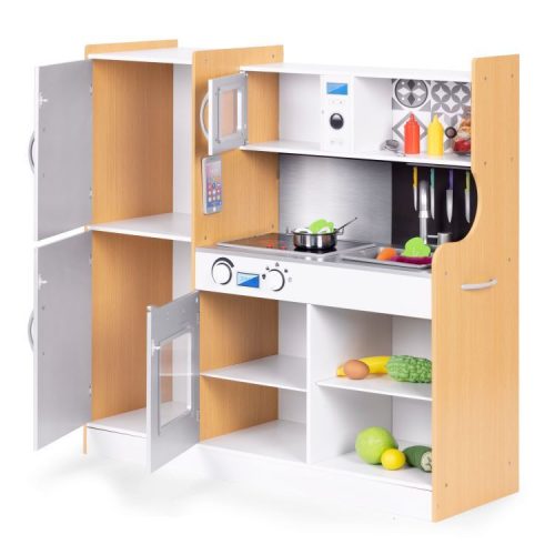 ECOTOYS fa játékkonyha, krétatáblával és fém kiegészítőkkel 