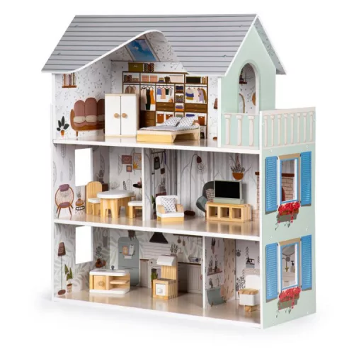 ECOTOYS Emma 3 szintes fa babaház, bútorokkal és kiegészítőkkel 