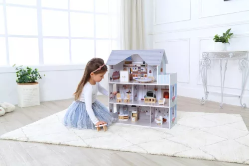ECOTOYS Emma 3 szintes fa babaház, bútorokkal és kiegészítőkkel 