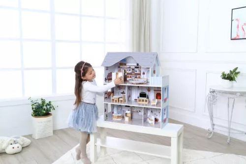 ECOTOYS Emma 3 szintes fa babaház, bútorokkal és kiegészítőkkel 