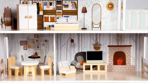 ECOTOYS Emma 3 szintes fa babaház, bútorokkal és kiegészítőkkel 