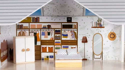 ECOTOYS Emma 3 szintes fa babaház, bútorokkal és kiegészítőkkel 
