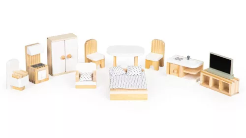 ECOTOYS Emma 3 szintes fa babaház, bútorokkal és kiegészítőkkel 