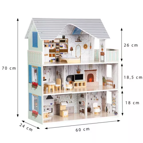 ECOTOYS Emma 3 szintes fa babaház, bútorokkal és kiegészítőkkel 