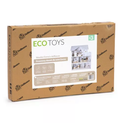 ECOTOYS Emma 3 szintes fa babaház, bútorokkal és kiegészítőkkel 