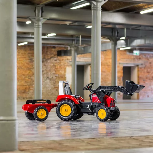 Red Supercharger pedálos traktor pótkocsival és első kanállal