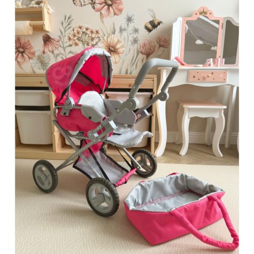 4 az 1-ben állítható rózsaszín babakocsi, kiegészítőkkel