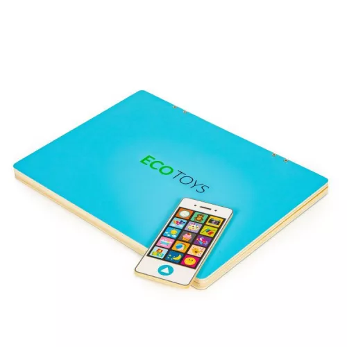 ECOTOYS fa kék mágneses laptop, telefonnal és kiegészítőkkel
