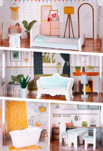 ECOTOYS Alice fa 3 emeletes, 4 szobás babaház, bútorokkal