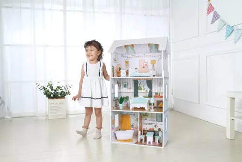 ECOTOYS Alice fa 3 emeletes, 4 szobás babaház, bútorokkal