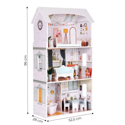 ECOTOYS Alice fa 3 emeletes, 4 szobás babaház, bútorokkal